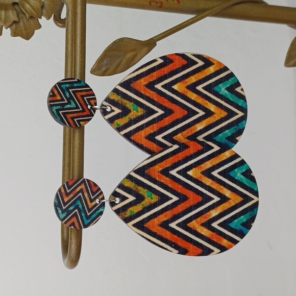 Colorful Tribal Chevron Wooden Design Dangling Earrings - Picture 8 of 9